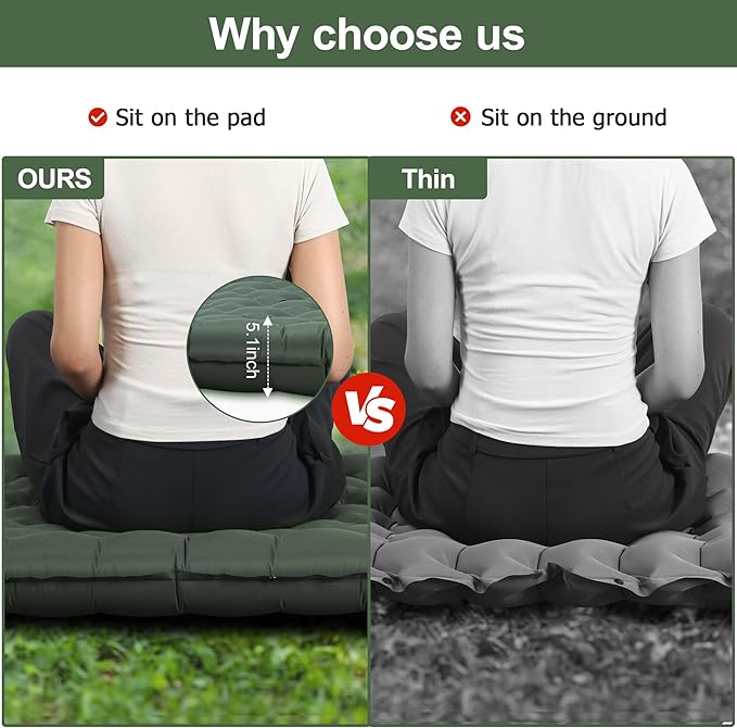 Toncoke 5.1" Thick Double Sleeping Pad with Foot Pump & Pillow, 77.5x53.9 2-Person Air Mattress for Camping, Ultralight & Compact for Backpacking, Hiking, Car Travel，Military Green