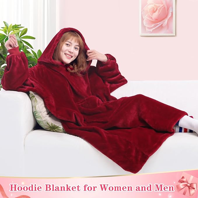 Waitu Wearable Blanket Sweatshirt for Women and Men, Super Warm and Cozy Giant Blanket Hoodie, Thick Flannel Blanket with Sleeves and Giant Pocket - Red