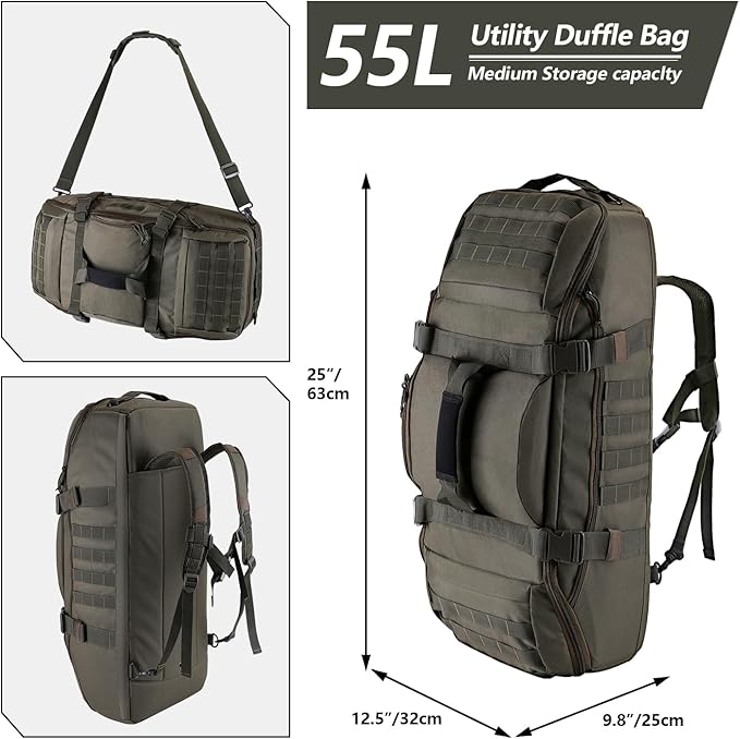 Hannibal Tactical 55L Large Duffle Bag, 3-in-1 Tactical Backpack MOLLE Pack for Sports, Gym, Outdoor, Olive Green