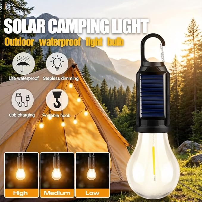 4 Pack Led Camping Lantern Solar Rechargeable,Outdoor Tent Lights for Camping Essentials, Hanging Light Bulbs with Clip Hook Camping Flashlight