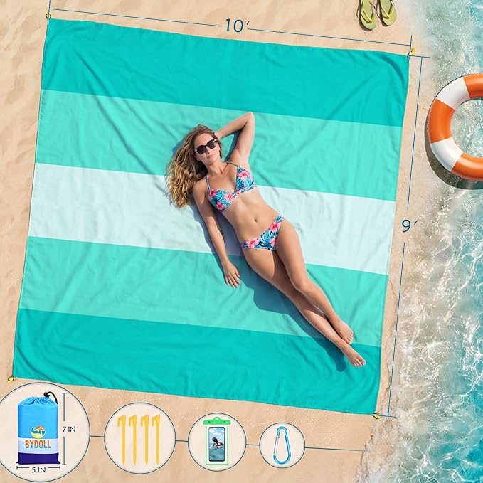 BYDOLL Beach Blanket 10'X9' Waterproof Sandproof Suits1-8 Adults Oversized Lightweight Large Blanket Picnic Mat for Beach Sand Free Travel Camping Hiking Picnic