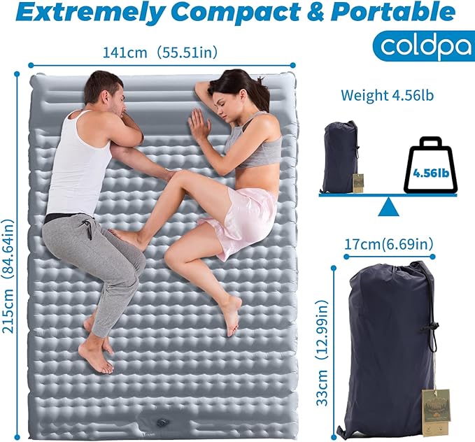 Double Camping Air Mattress with Built-in Foot Pump for 2 Person, Heavy Duty Waterproof Inflatable Sleeping Pad for Backpacking, Hiking, Tent, Upgraded 84.6" x 51.5" x 8" (Grey)