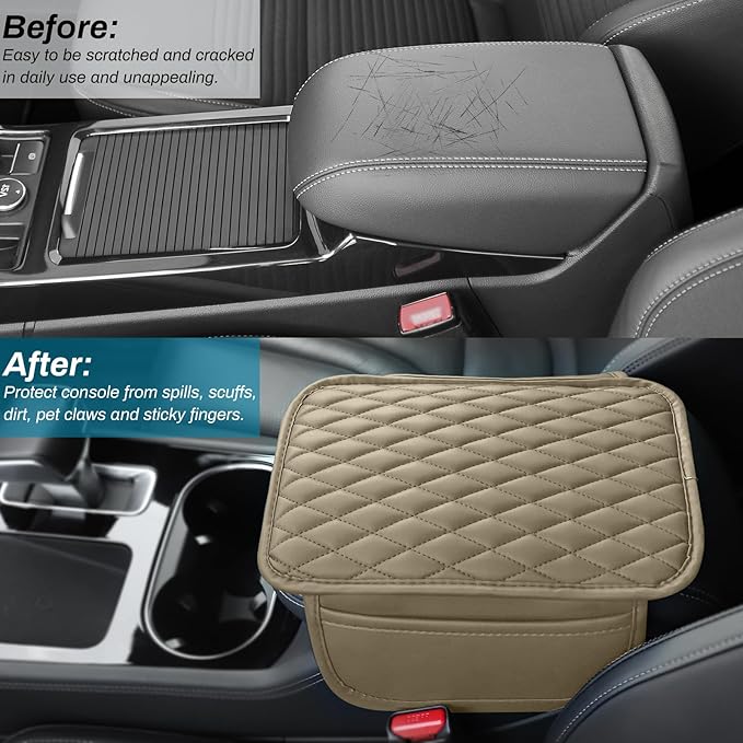 Car Center Console Cover, Upgraded Microfiber Leather Car Arm Rest Cover with 2 Storage Bags, Universal Armrest Cover for Car Storage Box Car Interior Accessories Protector for Most Vehicle-Beige