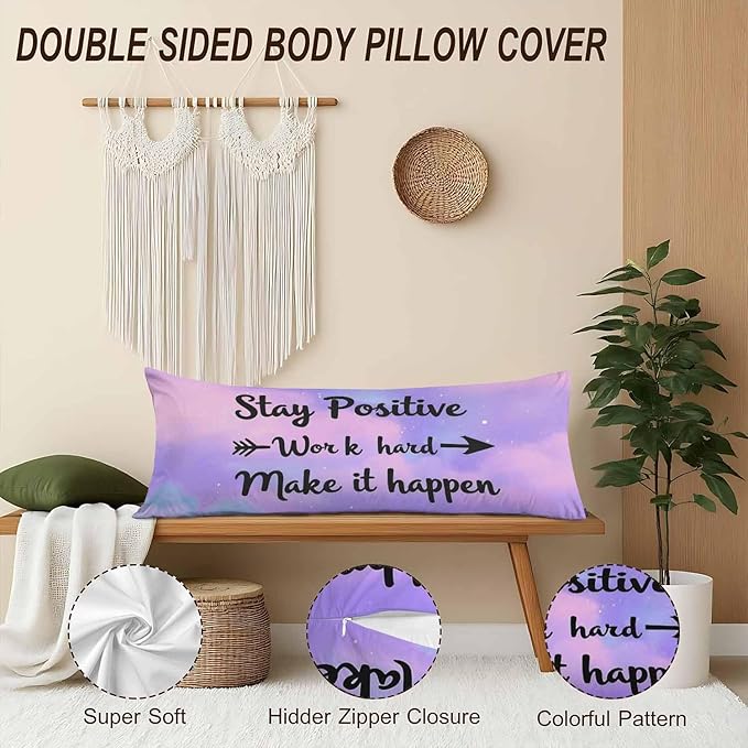 Inspirational Quote Body Pillow Covers Stay Positive Work Hard Make It Happen Lumbar Body Pillow Case 20"X54" Body Pillowcase Cushion Cover for Home Bedroom Office Hotel, Purple Galaxy