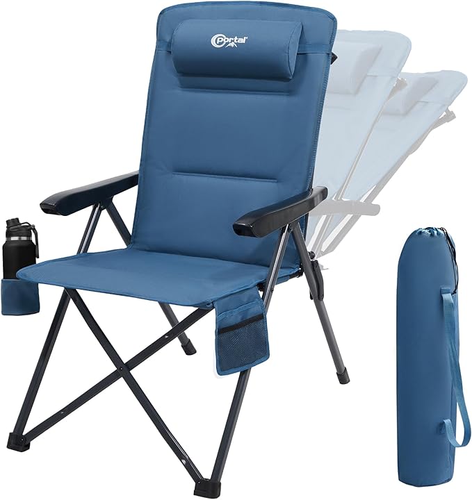 Portal Reclining Camping Chair with Adjustable Back Folding Camp Recliner for Adults Portable High Back Oversized, 350LBS (Blue)