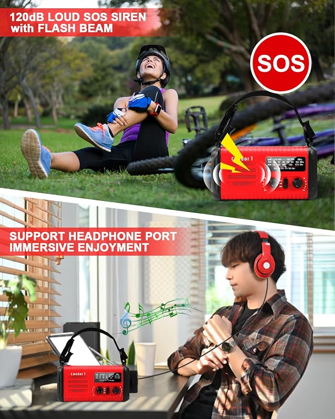 Emergency Crank Radio, 20000mAh / 74000mWh Solar Hand Crank Weather Radio with NOAA/AM/FM, Battery Powered Radio with Cell Phone Charger, Reading Lamp, Flashlight & SOS for Emergencies/Home