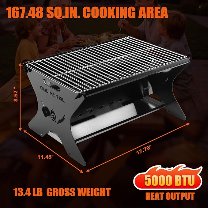 QuliMetal Portable Camping Grill – Foldable Charcoal/Gas Grill with Carry Bag | Heavy-Duty Backpacking BBQ & Fire Pit Grill for Outdoor Cooking, Camping, Tailgating, Patio & Backyard
