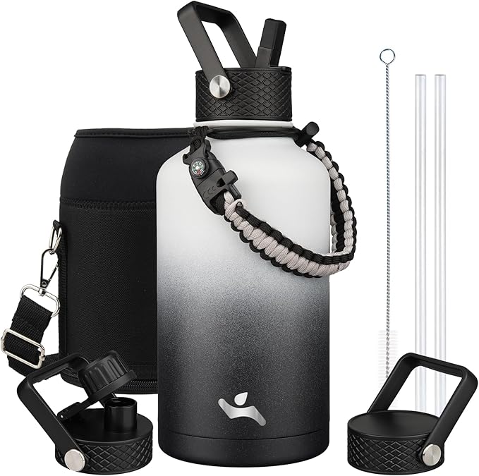 Konokyo Half Gallon Insulated Water Bottle with Straw,64 oz 3 Lids Water Jug with Carrying Bag,Paracord Handle,Double Wall Vacuum Stainless Steel Metal Flask,Day Night