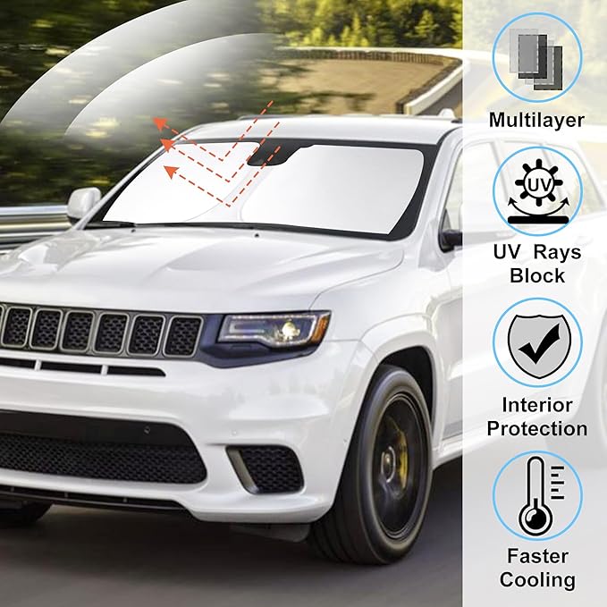 Windshield Sun Shade Custom Fit 2014-2023 2024 2025 Jeep Cherokee Trailhawk,Overland, Limited, Latitude, Altitude Accessories (Not for Jeep Grand Cherokee) Front Window Shades Covers