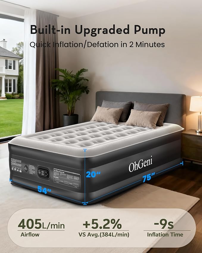 OhGeni Air Mattress Full with Built in Pump, 20" Raised Inflatable Blow up Mattress, Family Choice Award Winner, Portable Foldable Bed with Upgraded Surface for Home & Camping, 600 lbs