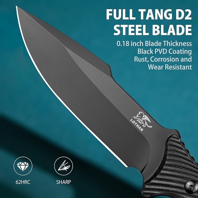 LOTHAR KA52 Fixed Blade Knife, Sharp D2 Steel Blade Survival Knives with Kydex Sheath, Hunting Knives with G10 Handle, Camping Bushcraft Knife for Outdoor, Camping Gifts For Men