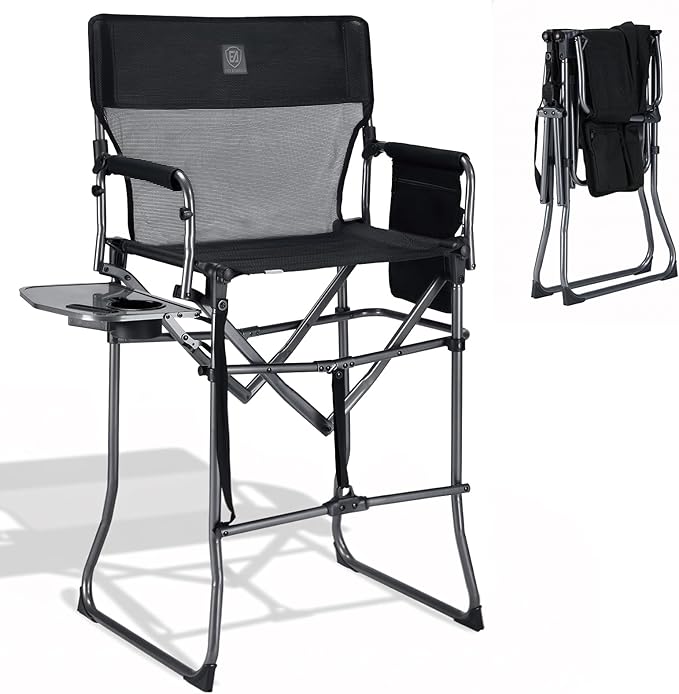 EVER ADVANCED Portable 30.7" Seat Height Tall Folding Camping Chair Directors Chair High Foldable Bar Stool with Side Table for Makeup Artist, Sports Event, Craft Show, Textilene Mesh, Supports 350LBS