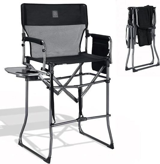 EVER ADVANCED Portable 30.7" Seat Height Tall Folding Camping Chair Directors Chair High Foldable Bar Stool with Side Table for Makeup Artist, Sports Event, Craft Show, Textilene Mesh, Supports 350LBS