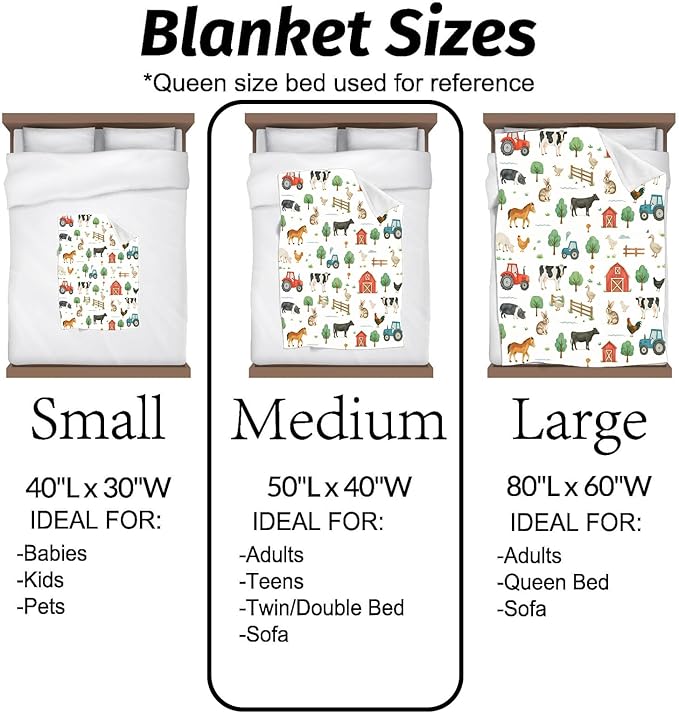 Farmhouse Blanket Cute Farm Pattern with Cow Horse Tractor and Barn Throw Blankets Lightweight Flannel Throws for Camping Couch Office Bed Country Home Decor Gifts for Adults,80x60inch