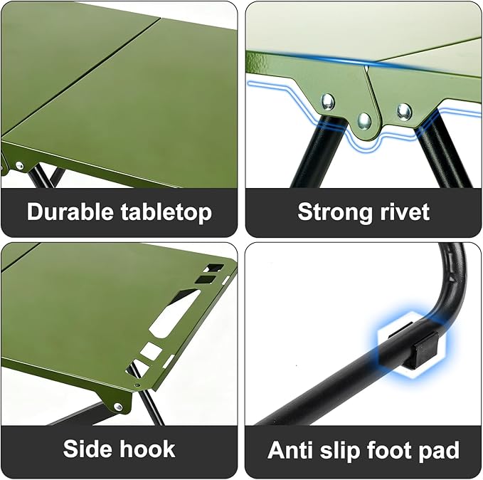 Tactical Camping Table, Collapsible Table Lightweight with Carry Bag, Durable Carbon Steel Outdoor Picnic Table for Camping, Travel expeditions, Hiking, Picnics, BBQs & Beach Trips - Green