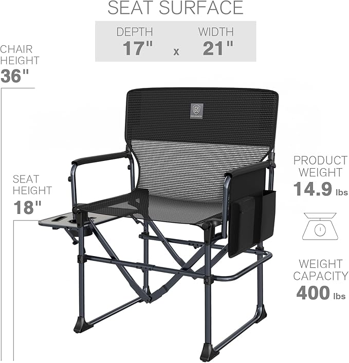 EVER ADVANCED Camping Directors' Chair with Side Table, Portable Folding with Compact Size, Breathable & Quick Dry Design Heavy Duty Lawn Chair with Pocket, 400lbs, Textilene Mesh, Black