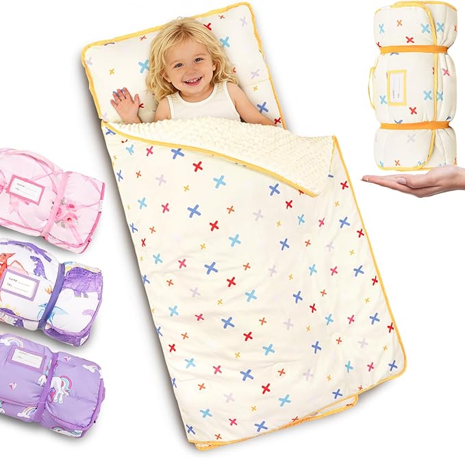 Primlect Thickened Toddler Nap Mat with Removable Pillow and Minky Blanket, Extra Large 55''x35'' Sleeping Bag, Washable, Roll up, Perfect for Daycare, Preschool, Kindergarten, Boys and Girls Beige