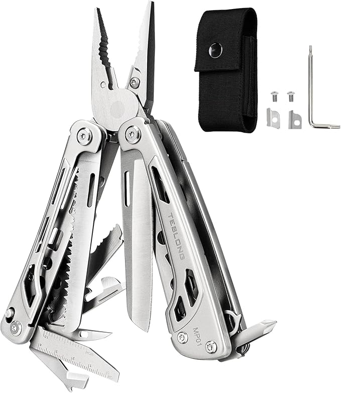 Teslong 18-in-1 EDC Multitool Pliers with Scissors, Pocket Knifes with Screwdrivers, Replaceable Wire Cutters and Saw with Self-locking, Outdoor, Survival, Camping, Stainless Steel, Gift for Men Dad