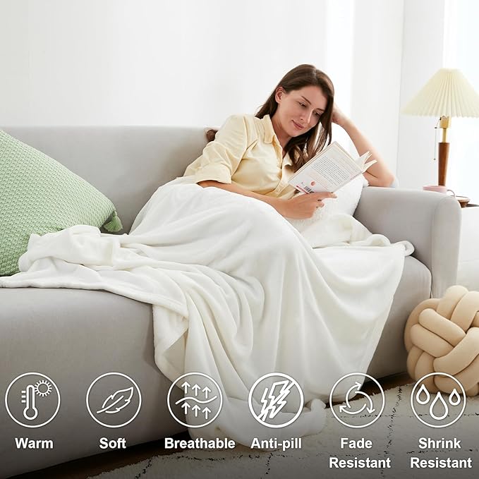 Hansleep Fleece Blanket for Couch White, Super Soft Throw Blanket Flannel Fuzzy, Plush Cozy Blanket for All Seasons, White, Throw 50x60 Inches