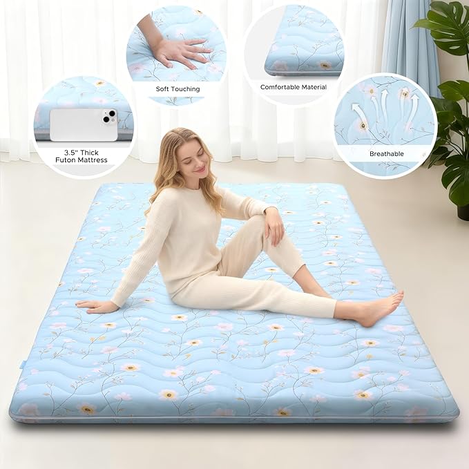 SCHNAUZER HOME Japanese Floor Mattress, 3.5" Thicken Floral Pattern Portable Futon Mattress, 100% High-Density Foam Tatami Mat Sleeping Pad for Camping Guest Room Dormitory RV, Light Blue, Twin