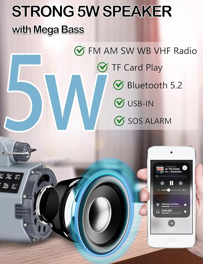 ZHIWHIS Emergency Radio with Bluetooth, Multi-Function Portable Radios with LCD VA Display, FM/MW/SW/VHF/WB Receiver with Alerts, Hand Crank/Solar/USB Charging, 5000mAh for Emergencies ZWS-908(Grey)