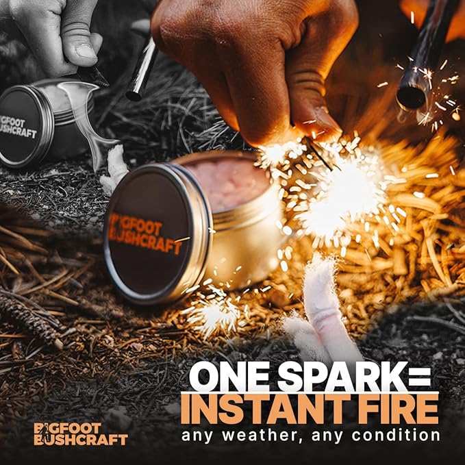 Bigfoot Bushcraft Complete Mini Fire Starting Kit - Waterpoof, Windproof, 5+ Minute Burn - Includes 16 Fire Plugs, Hinged Travel Tin, and Mini Ferro Rod Set