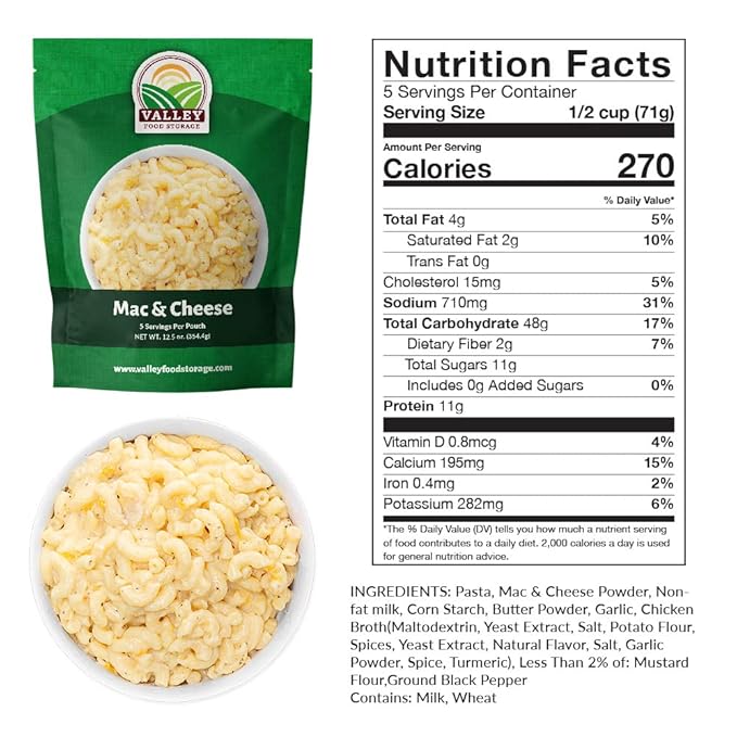 Valley Food Storage Mac and Cheese | 10-Bag Bucket, 50 Servings | Non-GMO Premium Emergency Food Supply, 25 Year Shelf Life | Survival Meal Kits, Prepper Food, Camping & Off-Grid Living Supplies