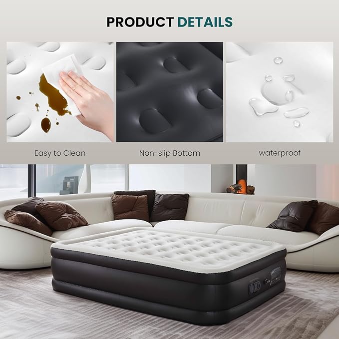 DUMOS Queen Air Mattress - 16" Inflatable Blow Up Airbed with Built-in High Capacity Pump, Double Height, Non-Slip Bottom Design, Weight Capacity 660 lbs Air Bed for Home or Camping
