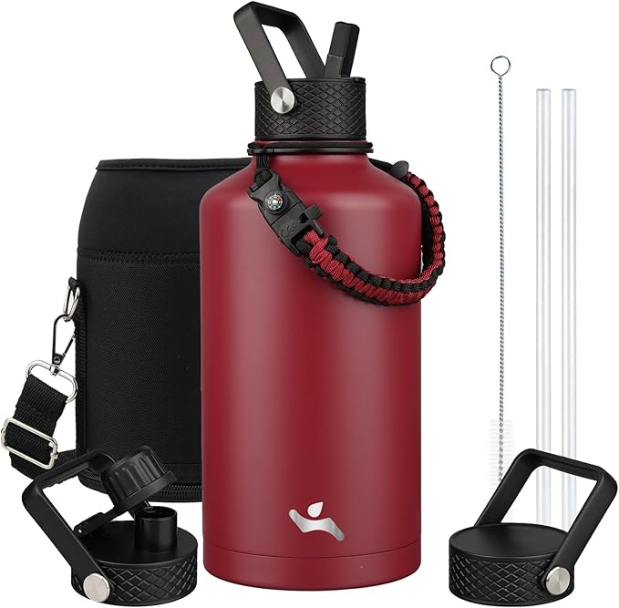 Konokyo Insulated Water Bottle with Straw,87 oz 3 Lids Water Jug with Carrying Bag,Paracord Handle,Double Wall Vacuum Stainless Steel Metal Flask,Dark Red