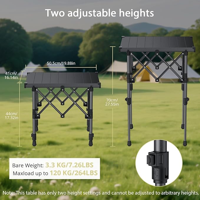 Anbte Folding Camping Table, 2 Height Adjustable Small Camping Side Table Aluminum Roll Top with Carry Bag, Stable X-Frame for Outdoor Cooking, Tailgating Picnic BBQ RV Travel, 20”x16”, 264lbs Load