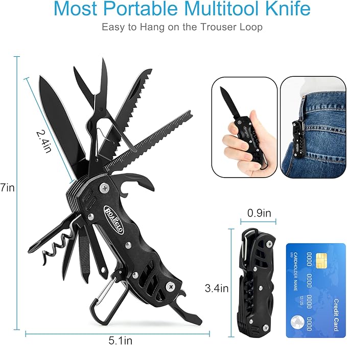 Bovgero Multitool Knife, 16 in 1 Pocket Knife, Handmade Multi Tool Knife, Birthday Christmas Gift for Men Women Him Her Boyfriend Girlfriend Dad Husband, Black