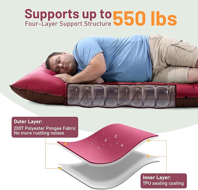 KASBAH Camping Sleeping Pad,Extra Wide 6 inch Thick Inflatable Sleeping Pads with Built-in Foot Pump and Pillow,Ultralight Camping Mat Gear for Outdoor Hiking,Camping