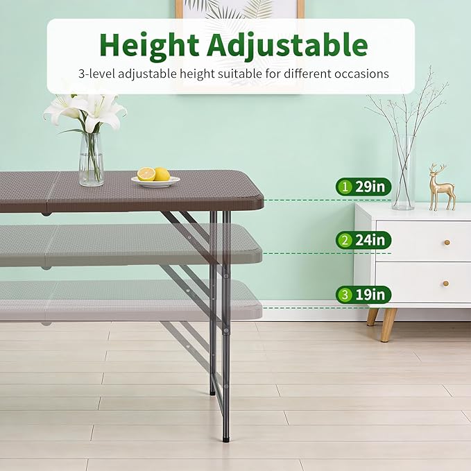 BestOffice 4 FT Picnic Table Folding Table Camping Plastic Table Fold Up Table Lock for Party Event, Brown Ratten