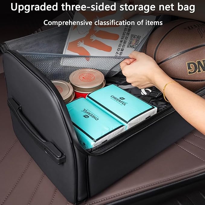 TOPABYTE Car Trunk Organizer with Lid and Sturdy Handle Foldable Durable Premium Leather Storage Box Cargo for BMW SUV Sedan Truck, Black