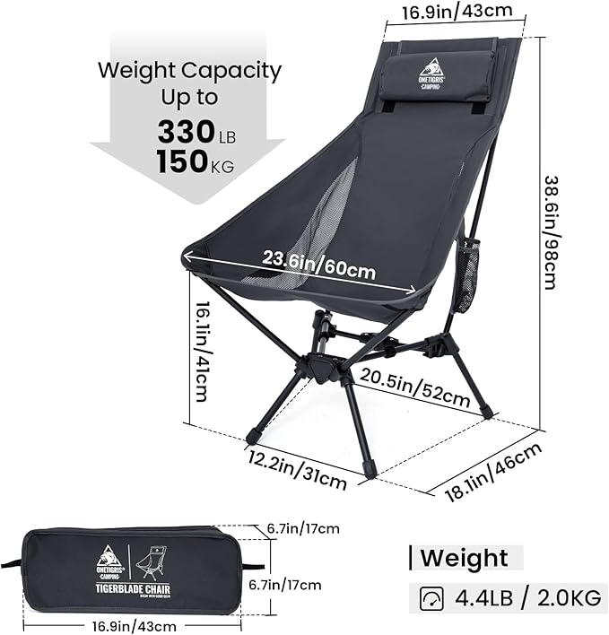 ONETIGRIS Tigerblade High Back Camping Chair with Pillow Design, Comfortable Widened Seat Folding Chair