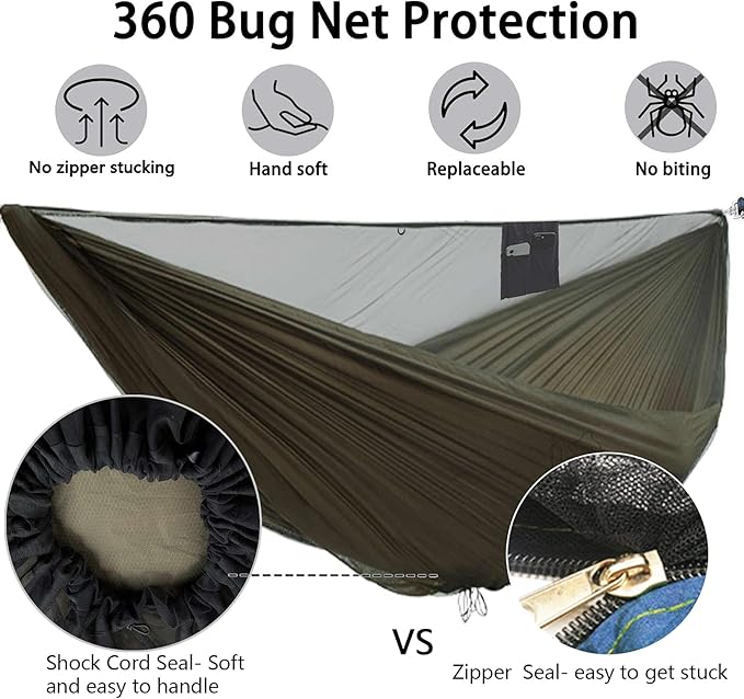 OneWind 11ft Portable Camping Hammock with Mosquito Net, Adjustable Ridgeline Double Hammock with 2*12Ft Tree Straps, Coyote Brown