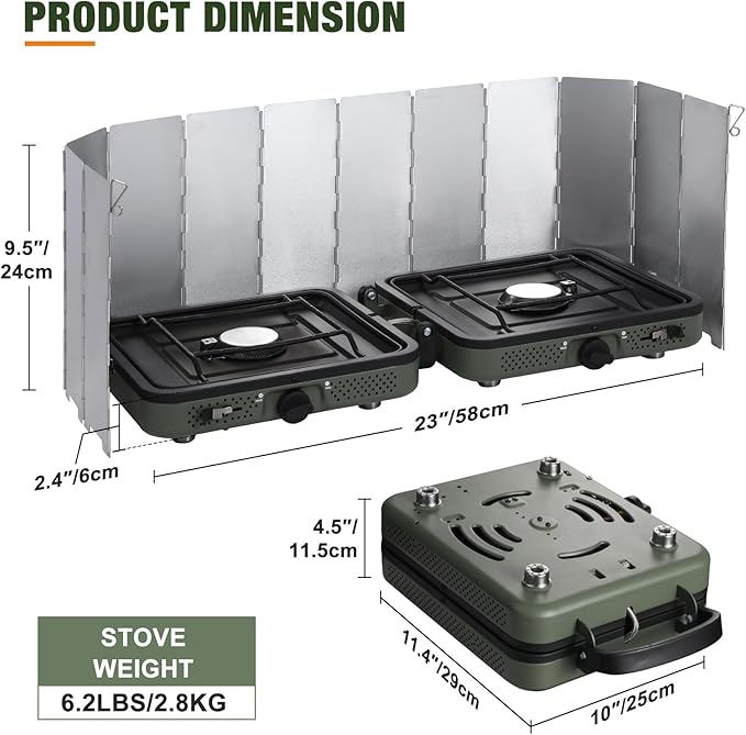 2 Burner Camping Stove with Windscreen, 12 Plates Foldable Portable Aluminum Camping Stove Windshield, Folding Gas Stove with 17200 BTU Adjustable Burners, Suitable for Propane & Butane