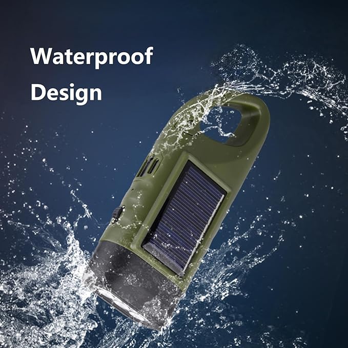 Hand Crank Solar Flashlight with USB Charing, Emergency USB Rechargeable LED Flashlight,Portable Handheld LED Survival Flashlight for Camping, Outdoor, Hiking Green