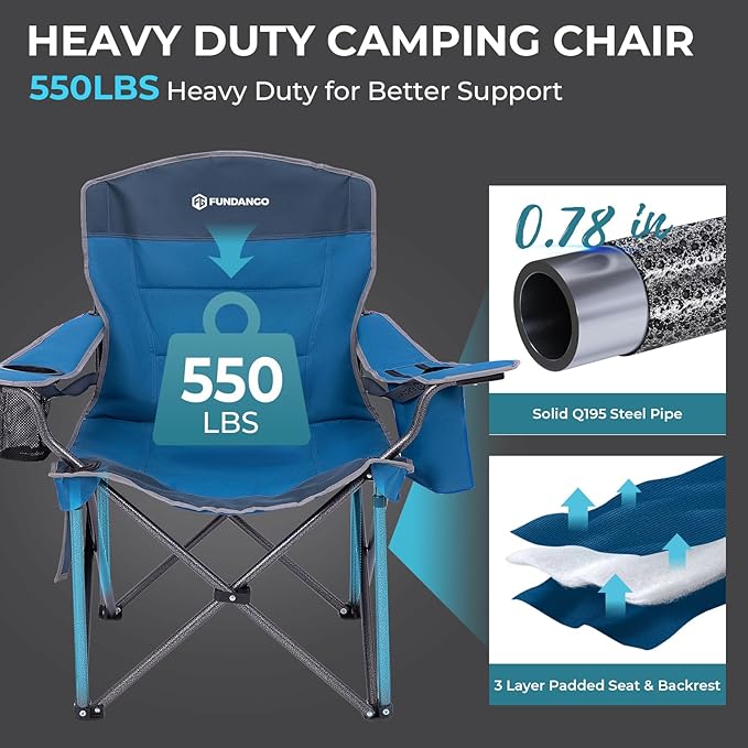 FUNDANGO Oversized Camping Chairs for Adults, Heavy Duty Fold Up Sports Games Lawn Chairs, Extra Wide Big Man Outdoor Chairs with Padded Lumbar Support Backrest, Bag Included for Camp, Beach, 2 Pack