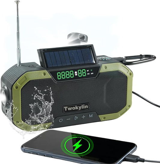 Emergency Radio Waterproof Bluetooth Speaker,Hand-Crank NOAA Weather Radio with Solar Panel,5000mAH Cell Phone Charger,Flashlight,SOS,Outdoor Camping Gear Camping