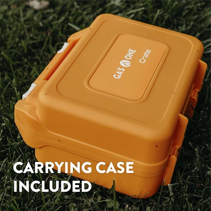 Gas One Butane Fuel Camp Stove – Crate Series - Mini Stove for Camping, Hiking – Portable Gas Stove with Spiral Flame – Even Heat Distribution – Modern and Easy to Use (Orange)