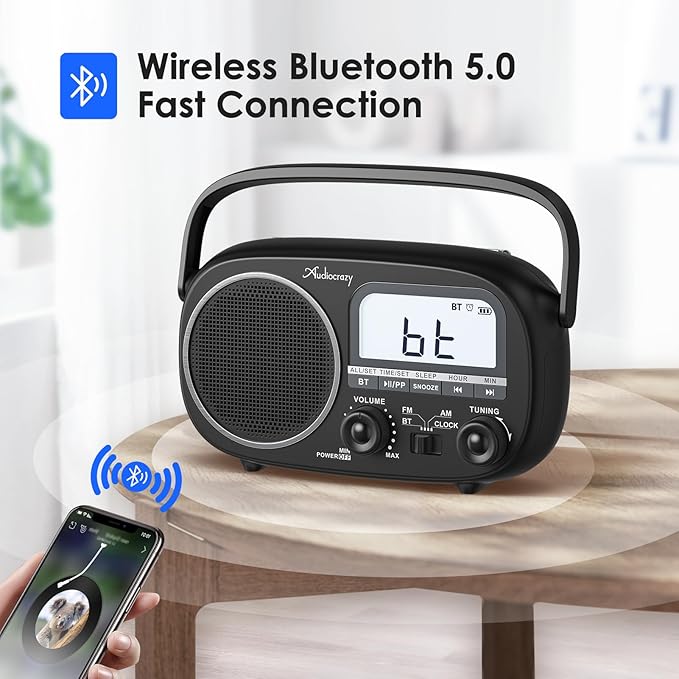 Portable Radio AM FM with Bluetooth,Built-in Rechargeable Battery/Plug in Wall/4*D Cell Battery Operated, Digital Time Display, Transistor Radio for Home,Outdoor,Gift,Seniors Space Black