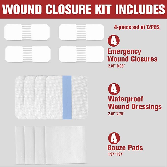 Emergency Wound Closure Strips - HSA or FSA Eligible - Dotodo 4PCS Laceration Closure Kit - Sutures Butterfly Bandaids | Stretchable & Shrinks Back to Close The Cut