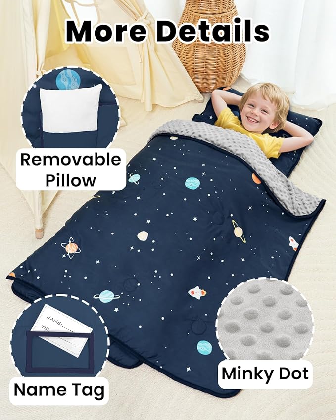 Primlect Toddler Nap Mat with Detachable Blanket and Removable Pillow, Kids Sleeping Bag 55''x35'' for Daycare Preschool Kindergarten, Toddler Sleeping Mat for Boys and Girls