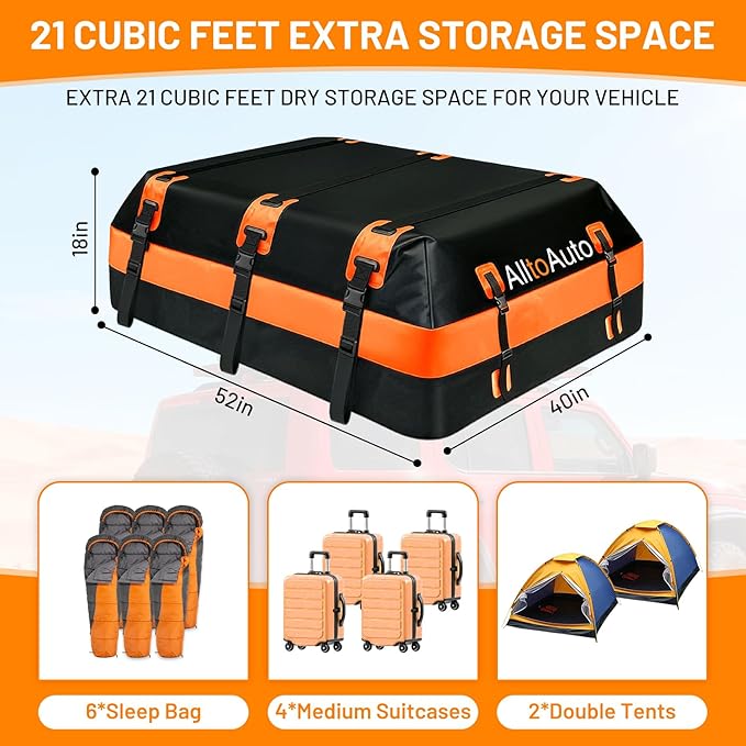 Car Rooftop Cargo Carrier 21 Cubic feet 100% Waterproof Heavy Duty PVC for All Cars with/Without Rack, Includes Anti-Slip Mat, 10 Reinforced Straps, 6 Door Hooks, Luggage Lock