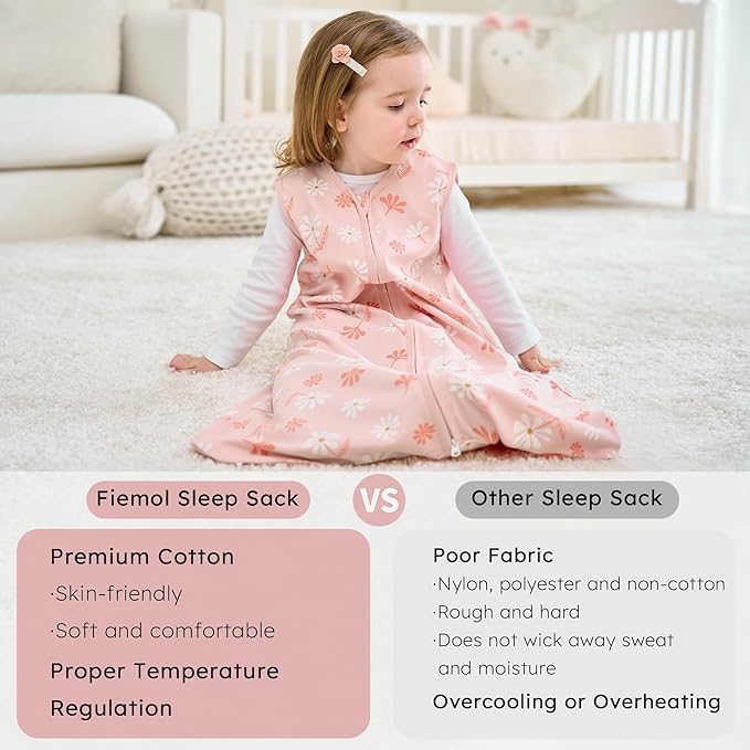 Baby Sleep Sack 0-6 months, 100% Cotton Sleeping Sack for Newborn and Infant, 3 Pack Baby Wearable Blanket for Boy and Girl, 0.5 Tog Lightweight Double Zipper Sleep Bag Pink Orange Flower