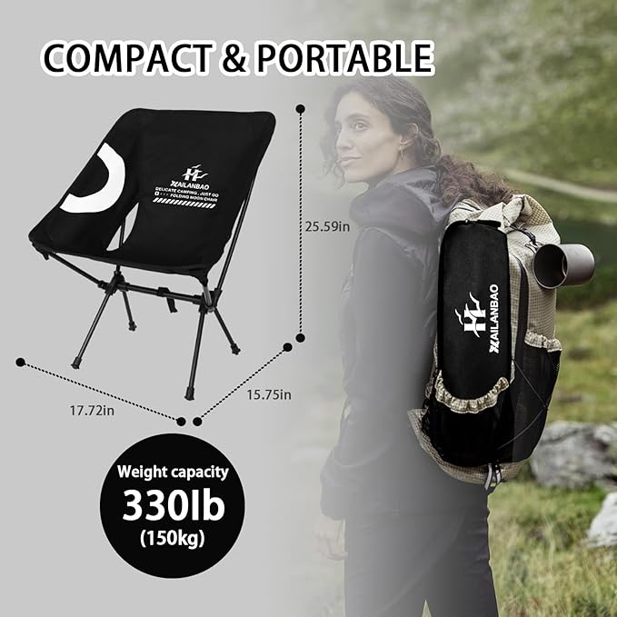 Folding Camping Chair for Adults, Heavy Duty 300lbs Capacity Compact Backpacking Hiking Chair – Portable Durable Outdoor Chair with Ergonomic Support (Black)