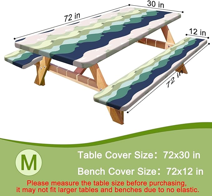 Picnic Table Cover with Bench Covers Portable Table Cloth Built-in Storage Pocket Fitted Tablecloth with Elastic Edges Waterproof Camping Essentials for Indoor Outdoor Rv,72in,Green Cat
