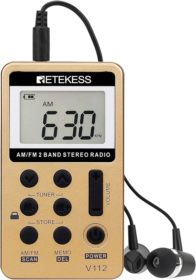 Retekess V112 AM FM Radio Portable, Mini Radio,Digital Tuning Rechargeable Battery LCD Display for Walking Jogging(Gold)