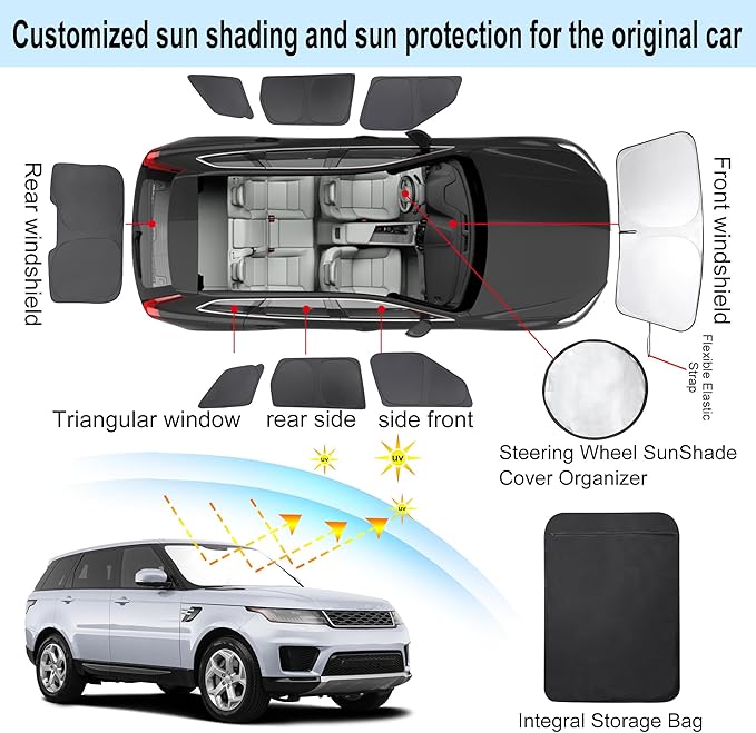 8PCS Windshield Sun Shade Custom Fit for 2014-2022 Land Rover Range Rover Sport Accessories Foldable Sunshade Side Rear Window Shade Cover Full Set Privacy Protection Keeps Car Cool